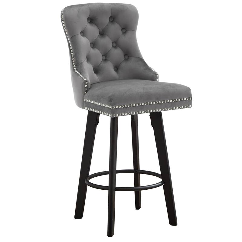 Modern Swivel Bar Stools, Dark Gray Velvet with Button Tufting & Rivet Trim, Large Backrest & Footrest, Set of 2