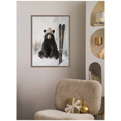 Kate and Laurel Framed Canvas Winter Bear Waiting to Ski by The Creative Bunch Studio