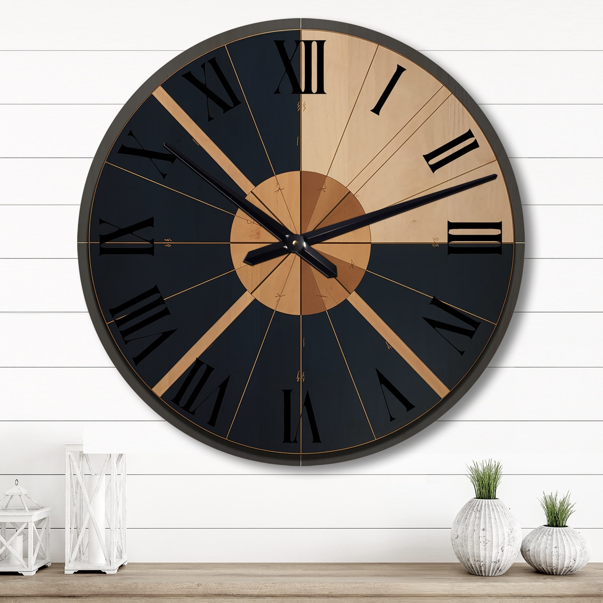 Designart "Minimal Sacred Geometry In Deep Blue And Gold" Modern Geometric Oversized Wood Wall Clock