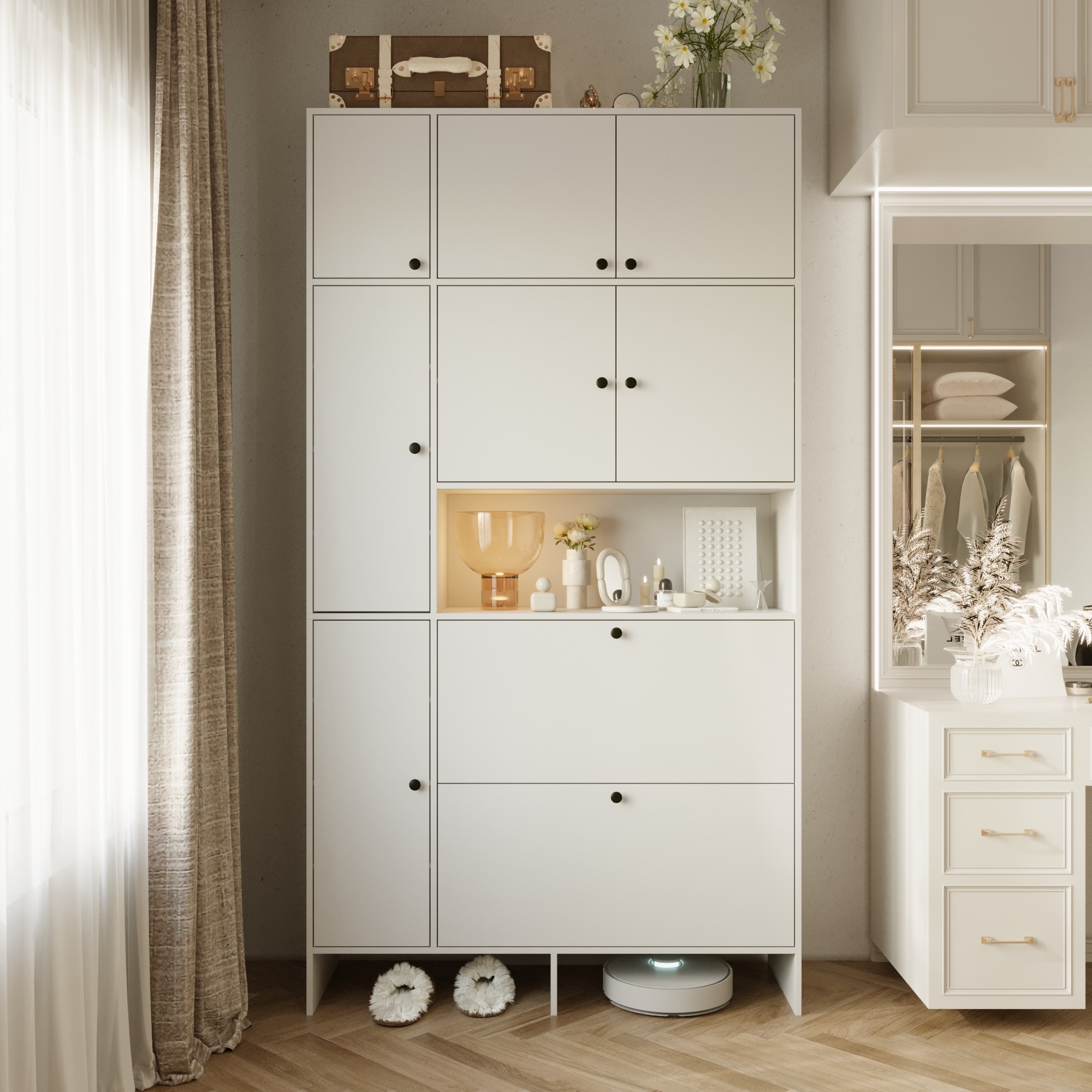 Timechee Sleek 9 Door Entry Cabinet with Shelves and Flip Down Shoe Racks White