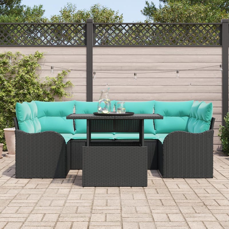 vidaXL 7 Garden Sofa Set with Cushions Black/Brown/Grey Poly Rattan - 92.1 x 48.2 x 27.2