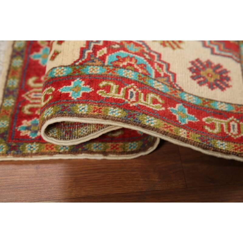 Geometric Kazak Accent Rug Hand-Knotted Beige Wool Carpet - 2'1"x 2'10"