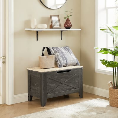 VECELO Storage Bench, Wooden Chest for Storage with Wicker Mat Safety Hinges,Entryway Shoe Bench Storage Trunk Industrial Style