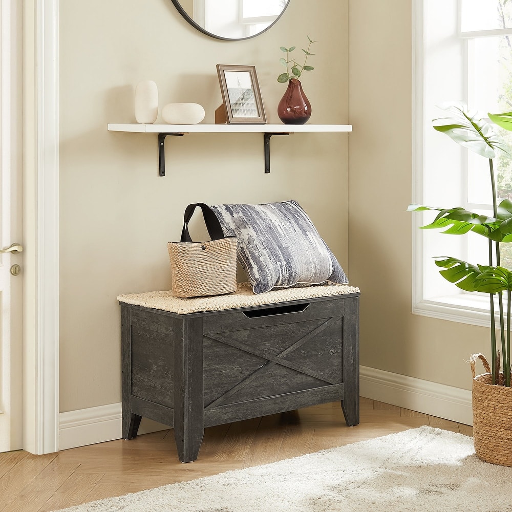 VECELO Storage Bench, Wooden Chest for Storage with Wicker Mat Safety Hinges,Entryway Shoe Bench Storage Trunk Industrial Style