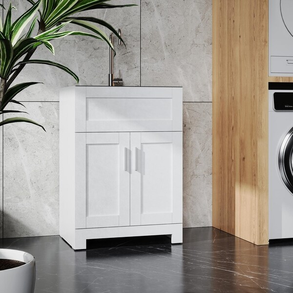 24 in White Paint Free Laundry Tub Cabinet with Stainless Steel Combo for Laundry Utility Room Kitchen Bathroom Bed Bath Beyond 38363945