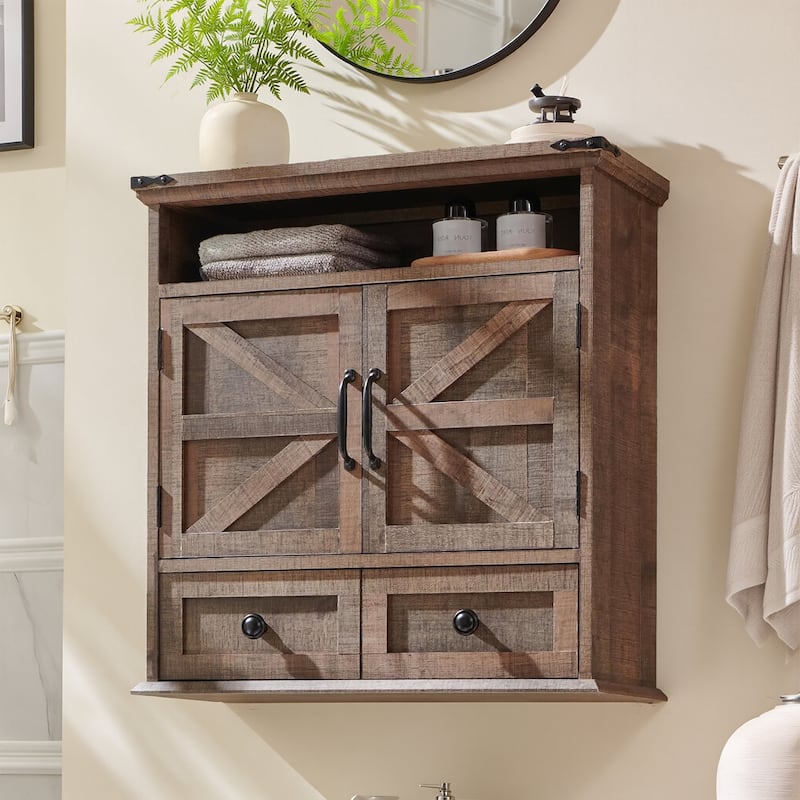 24" Farmhouse Wide Bathroom Wall Cabinet, Medicine Cabinet - Rustic Brown