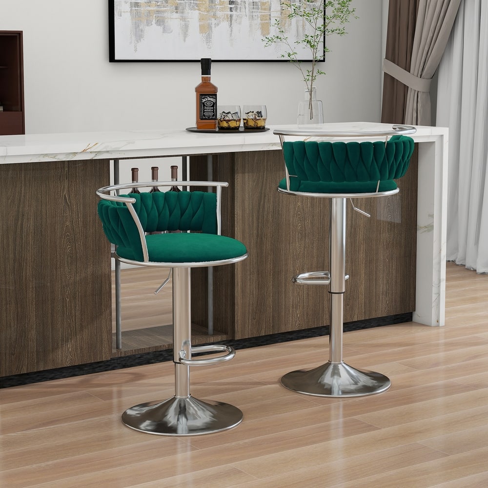 2 Set Velvet Swivel Adjustable Bar Stools with Footrest
