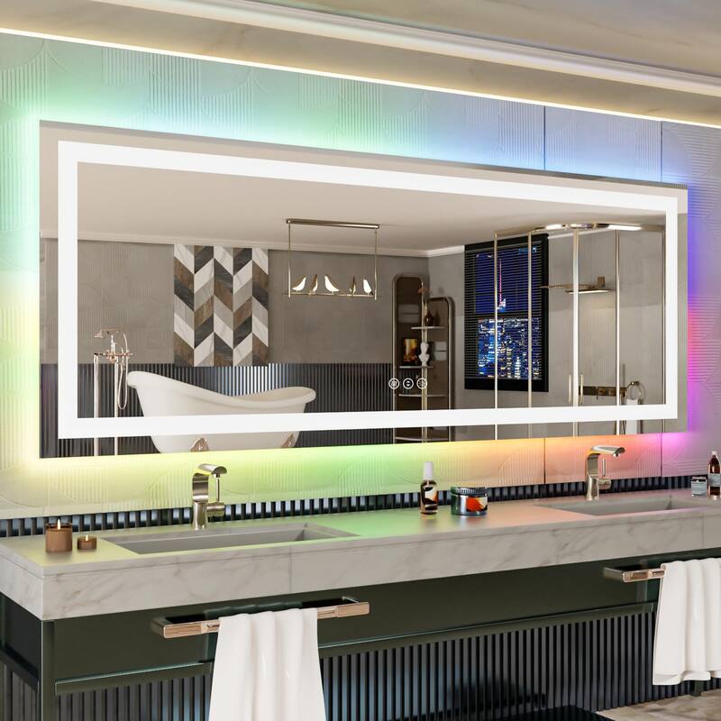KIOTEE Rectangular LED Frontlit & RGB Backlit Anti-Fog Tempered Glass Bathroom Vanity Mirror with ETL and 3-Year Warranty - 84x32