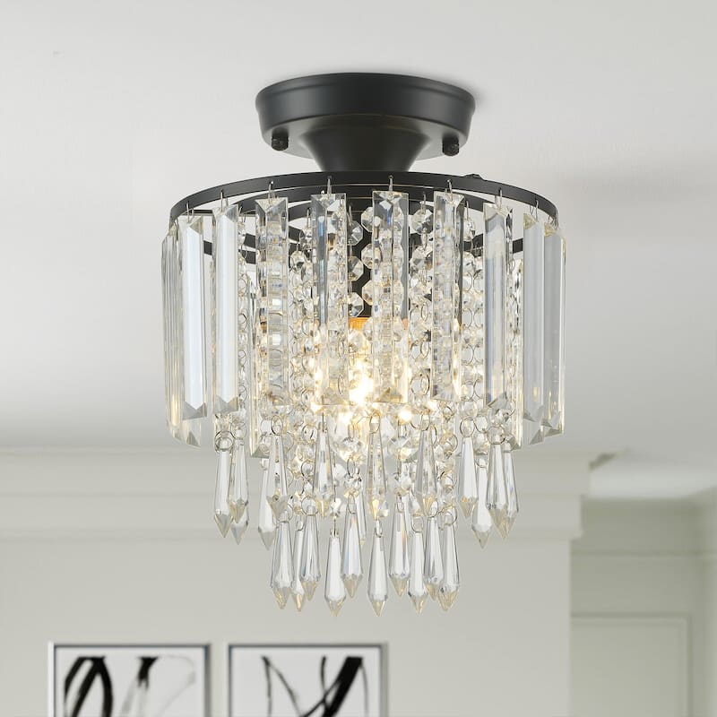 Modern Rain Drop Crystal 1-Light Semi Flush Mount Ceiling Light for Bedroom