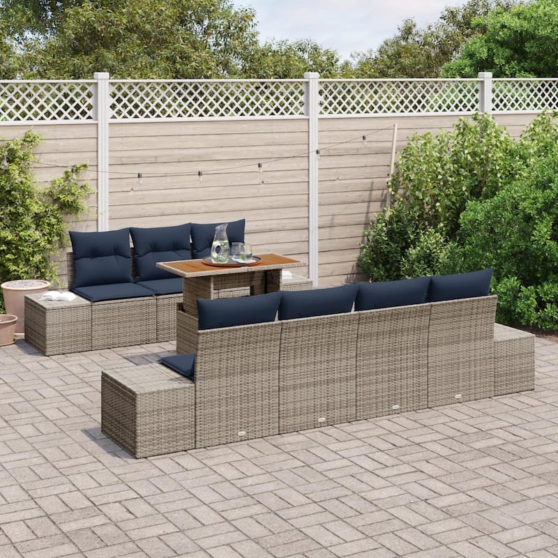 vidaXL 8 Garden Sofa Set with Cushions Black/Grey Poly Rattan - 94.1 x 24.4 x 27.2