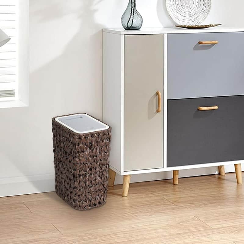 Small Bathroom Trash Can with Lid 2.6 Gallon Rattan Basket Slim Wicker Press Top for Bathroom Kitchen Office Brown