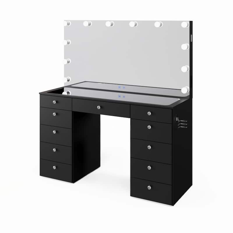 Makeup Vanity Desk, Glass Top, 12 LED Lights BT Speakers & 11 Drawers