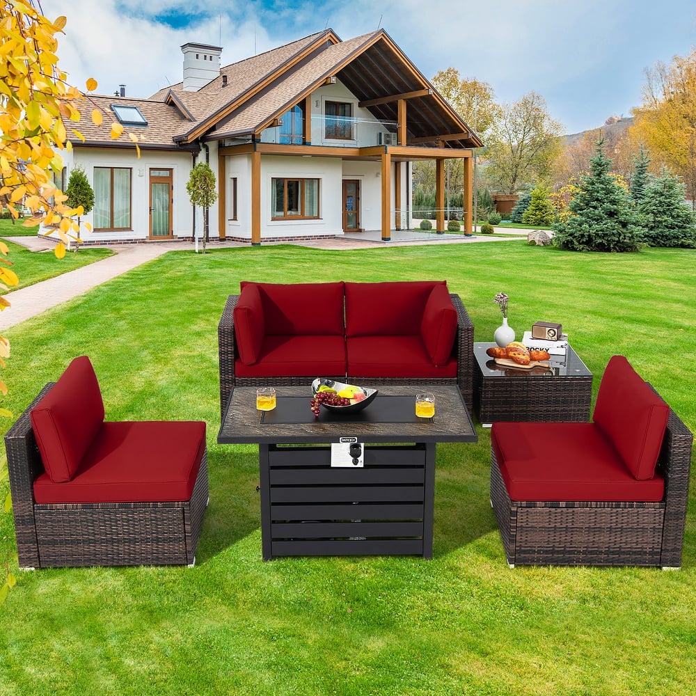 Costway 6PCS Patio Rattan Furniture Set 42'' Fire Pit Table Cover Sofa - See Details