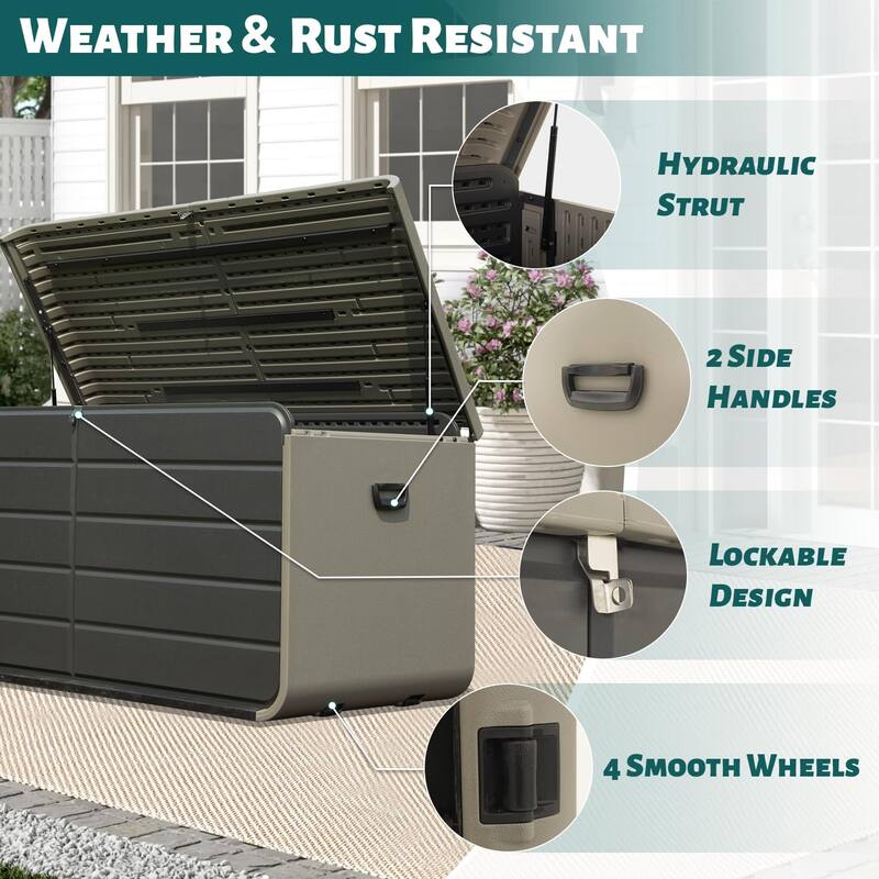 200 Gallon Plastic Deck Box, Large Patio Storage Box with Lock, Wheels & Waterproof Lid for Outdoor Cushions, Garden