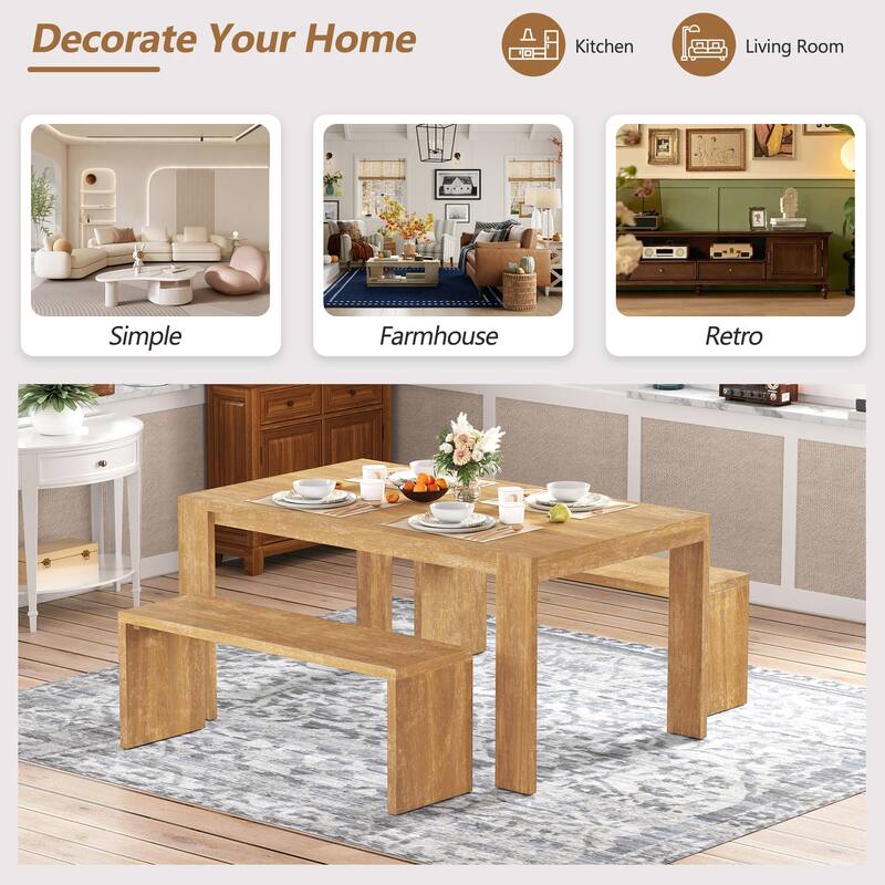 3-piece Farmhouse Style Simple Dining Set, Dining Table and 2 Benches, for Dining Room, Kitchen and Living Room (Natural