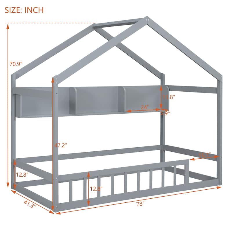 Wooden Twin Size House Bed with Storage Shelf,Kids Bed with Fence and Roof