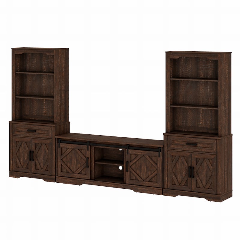 Modern Farmhouse TV Stand with Bookcase for 65" 75" TV with Barn Door for Living Room, Bedroom & Home Office