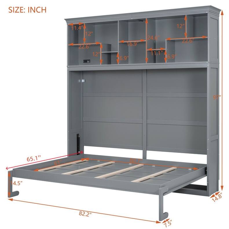 Queen Size Murphy Bed Wall Bed with Top Storage Shelves, Luxurious Foldable Storage Bed Frame with Charging Station
