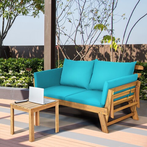 Costway Patio Convertible Sofa Daybed Solid Wood Adjustable Thick