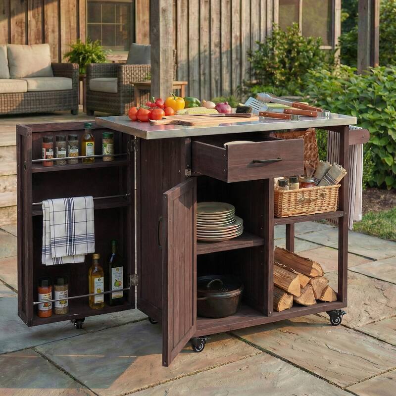 Fir Wood Outdoor Kitchen Prep Station Cart with Stainless Steel Top & Towel Rack