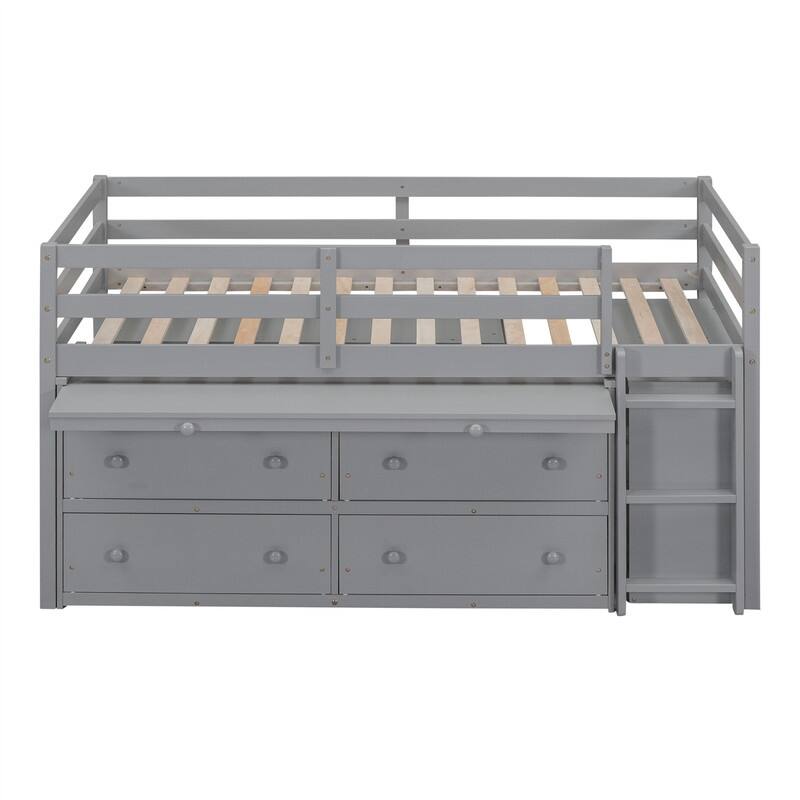 Twin/Full Size Low Loft Bed with Retractable Writing Desk and 4 Drawers, Wooden Loft Bedframe w/ Lateral Portable Desk & Shelves