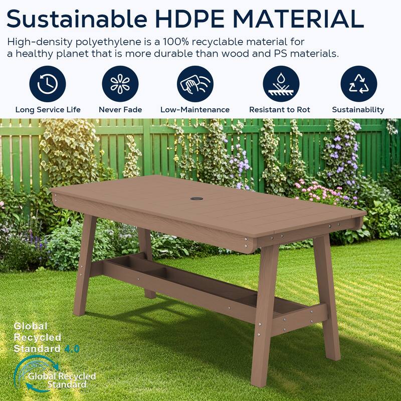 67.91in HDPE Rectangular Patio Dining Table with Umbrella Hole for 4 to 6 People - N/A