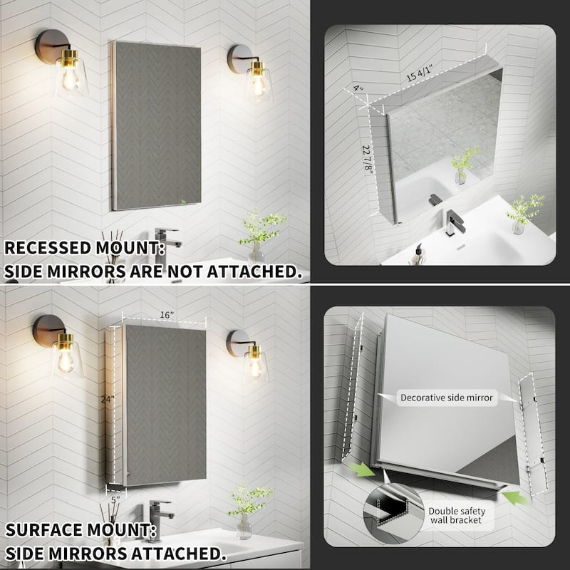 Modland Single Door Bathroom Medicine Cabinet with Mirror Adjustable Shelves,Recessed or Surface Mount