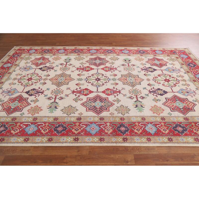 Hand Knotted Oriental 100% Wool Carpet Traditional All-Over Beige & Ivories Kazak Area Rug - 9' 9'' X 6' 5''