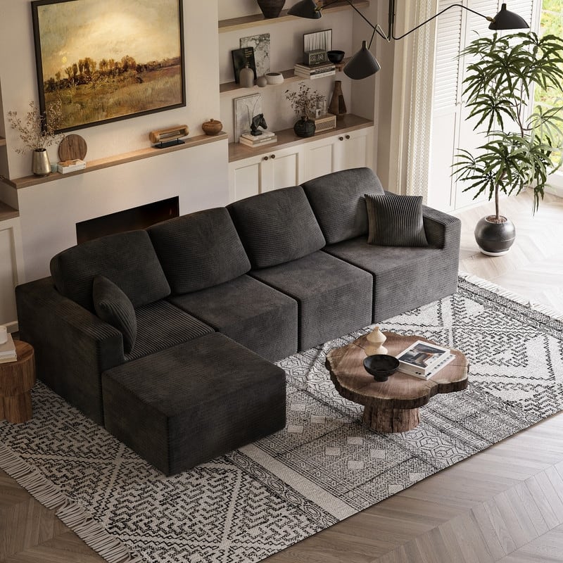 L Shaped Modular Sectional Couch, 126" Boneless Couches for Living Room, Modern Cloud Couch with Chaise Lounge - Black