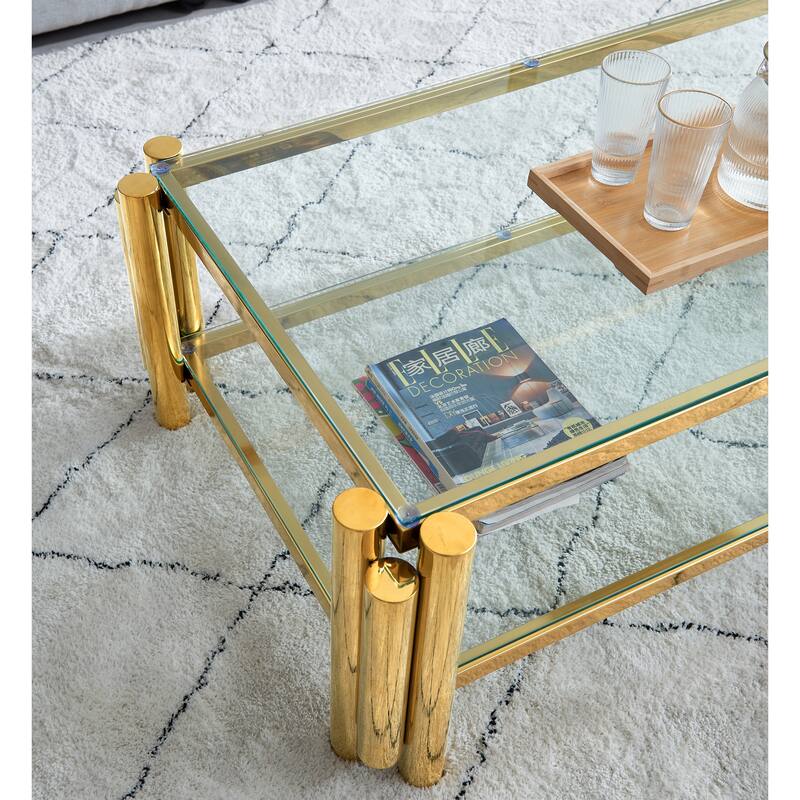 Modern Stainless Steel Coffee Table Tempered Glass Coffee Table with 2Tier Glass Shelves, for Living Room