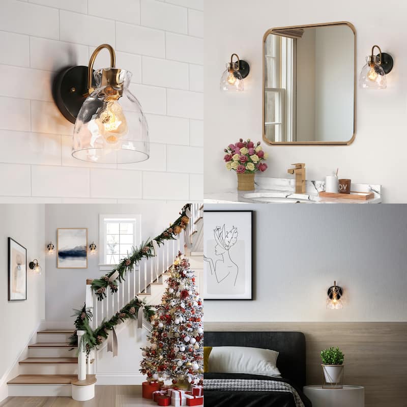 Elisie Modern Black Brass 1-Light Bathroom Wall Sconce Farmhouse Wall Light with Water Glass