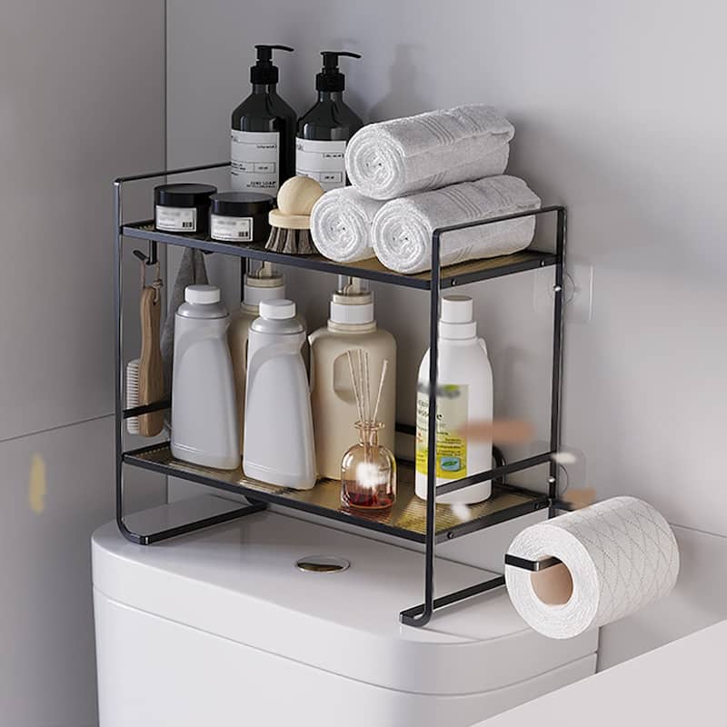 Over The Toilet Storage Shelf, 2-Tier Large Capacity Bathroom Storage Organizer With Paper Holder And 2 Hooks - black