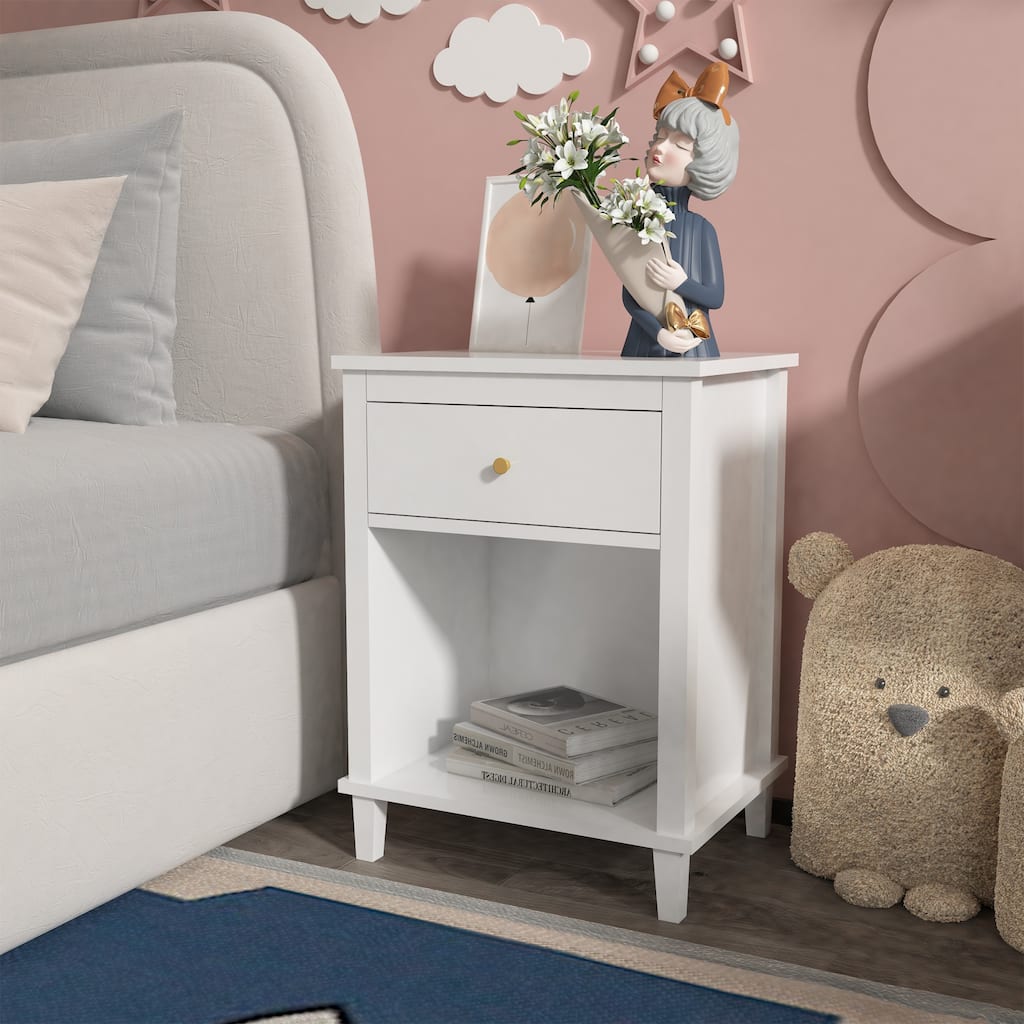 White Wooden One Drawer Nightstand with One Shelf