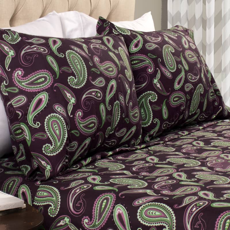 Superior Vintage Floral Paisley Flannel Cotton 2 Piece Pillowcase Set - King - Purple
