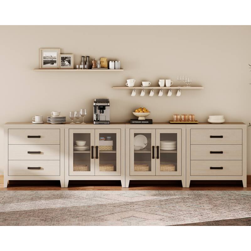 WAMPAT Extra Wide 126" Farmhouse TV Stand, Wood Media Console with 6 Drawers & 2 Glass Cabinets