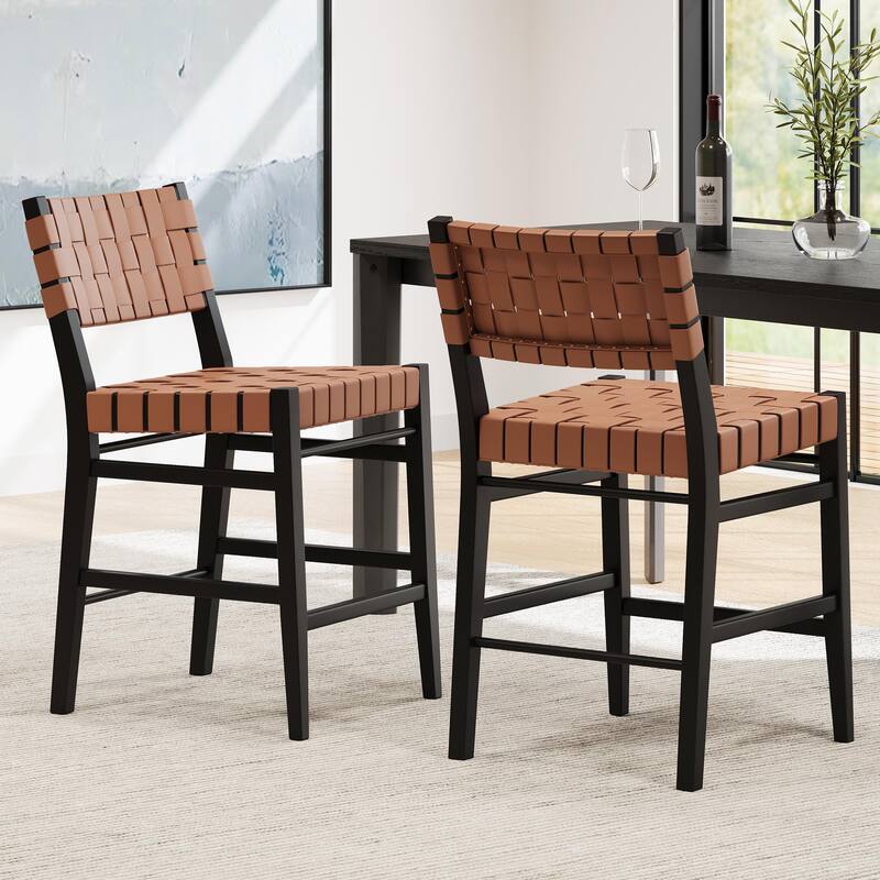 24.25" Classic Counter Stools Set of 2, PU Seat, Rubberwood Frame & Leather Woven Back