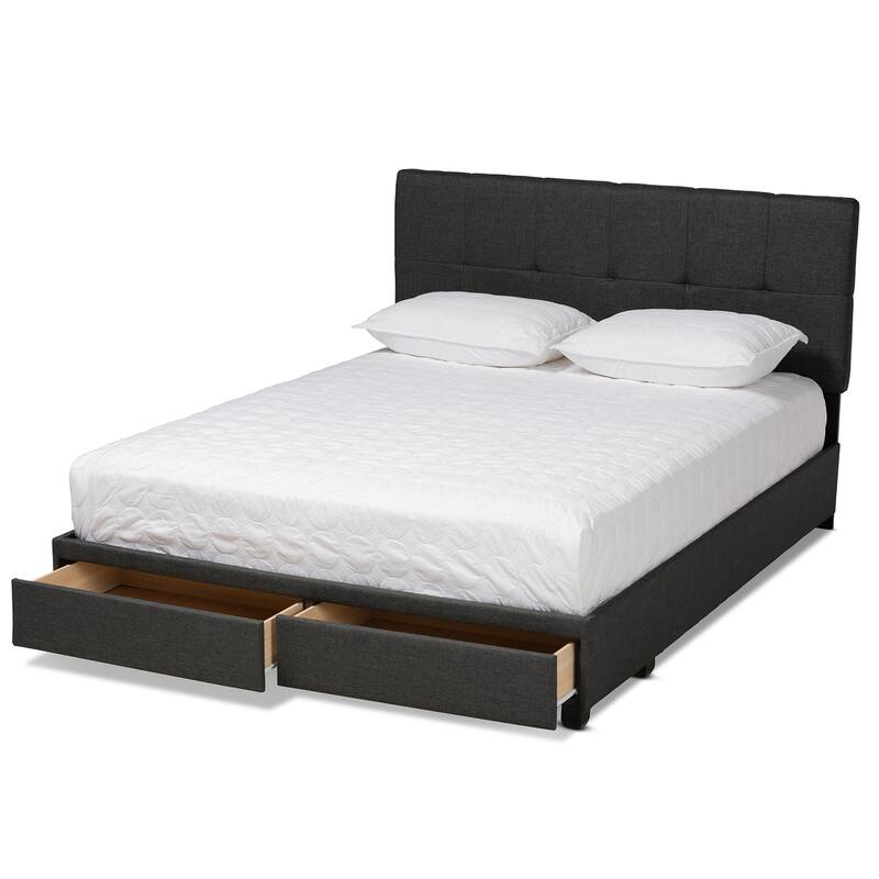 Queen Size Storage Bed with Drawers - Dark Grey Upholstered Platform Bed, Tufted Headboard