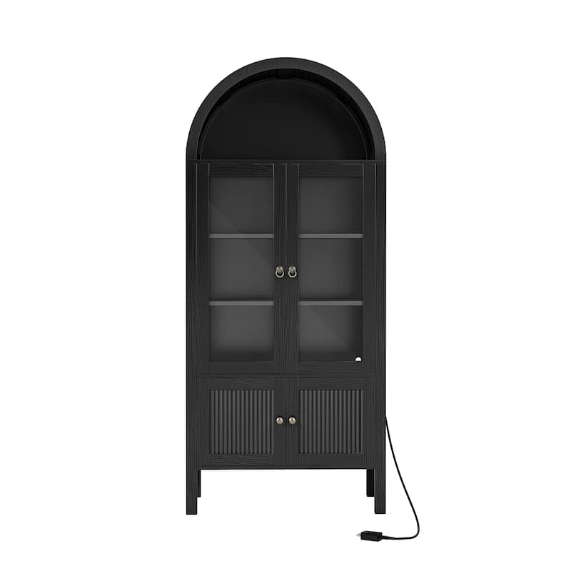 Modern 71" Tall Arched Kitchen Pantry Cabinet with LED Light,Bookcase Cabinet with Storage and Glass Doors