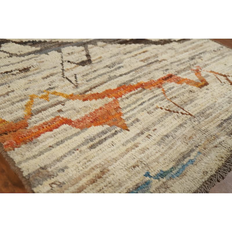 Moroccan Oriental Rug Handmade Beige Geometric Wool Carpet - 3'10" x 6'0" - 3'10" x 6'0" - Ivory/Beige