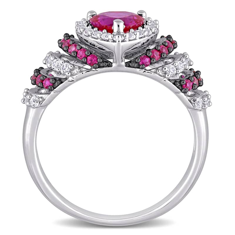 Miadora Sterling Silver Heart Created Ruby and Created White Sapphire Halo Layered Cocktail Ring