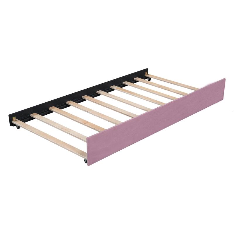 Twin Size Daybed Velvet Upholstered Sofa Bed with Trundle, Wood Platform Slat Support Bed Frame, Striped Tufted Backrest