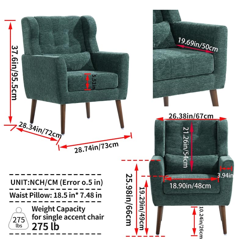 Chenille Modern Accent Chair with Wooden Legs and Mid-Century Lounge Chair (275lb Capacity)