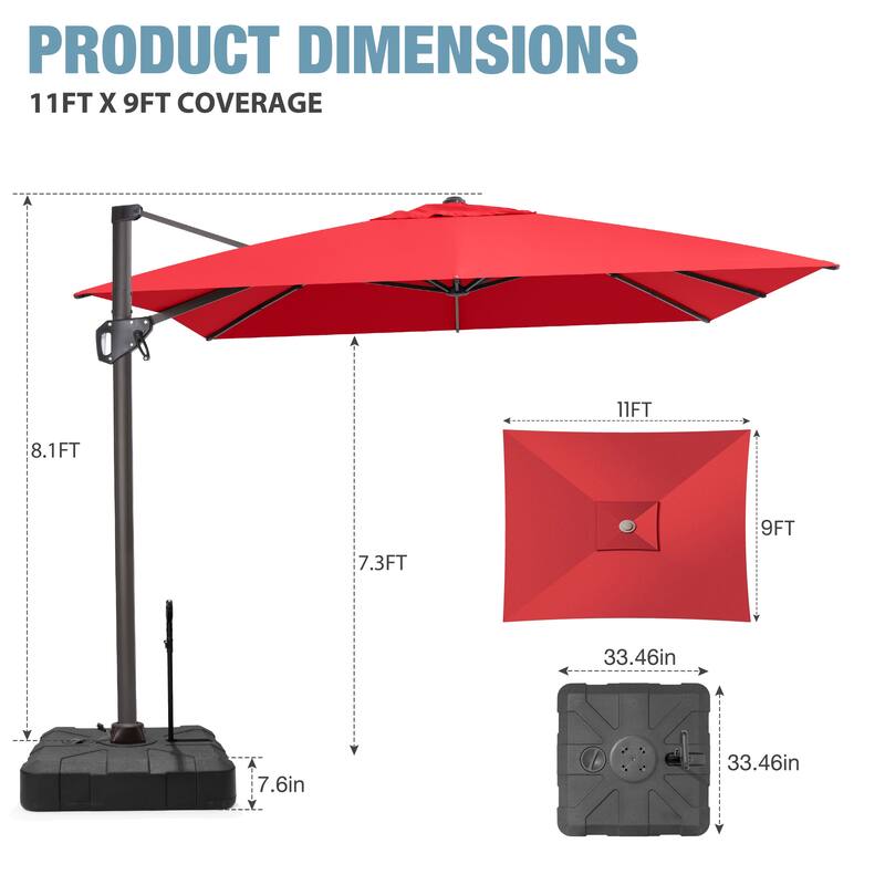 VredHom Patio Outdoor 9 x 11 FT Cantilever-Offset Umbrella with Rod Wheel Base