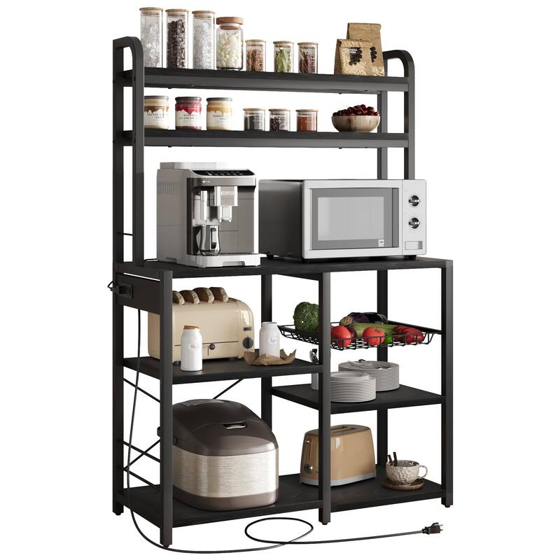 Bakers Rack with Power Outlet, 6-Tier Microwave Stand - Black