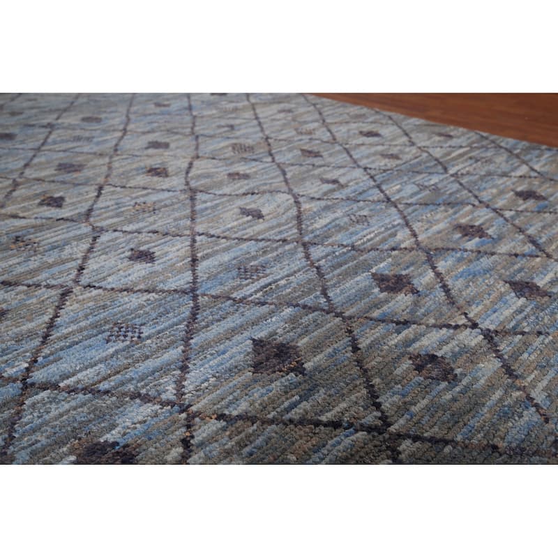 Blue Trellis Moroccan Area Rug Handmade Wool Carpet - 6'0"x 9'8"