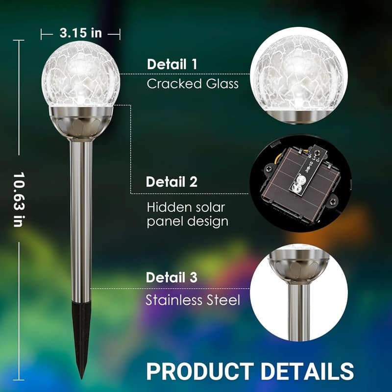 6 Pack Multi-Color Changing&White 2 Modes Solar Powered Glass Ball Garden Lights