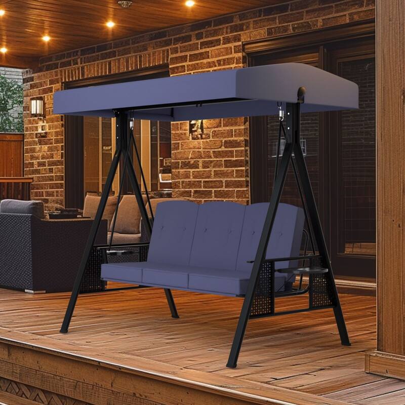 VEIKOUS 3-Seat 2-in-1 Convertible Patio Porch Swing with Adjustable Canopy Swing and Cushion - Blue