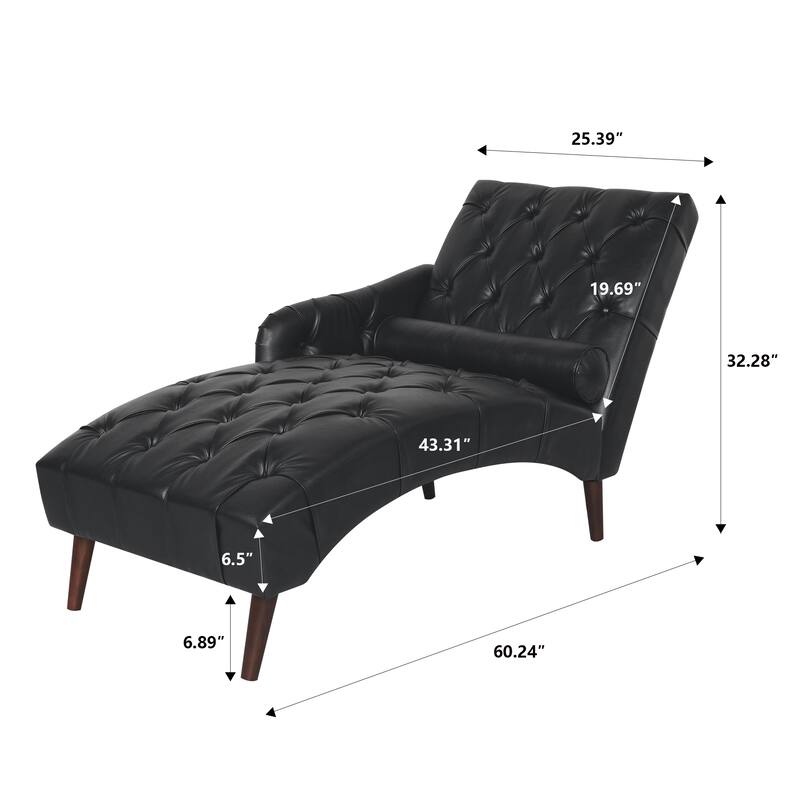 Faux Leather Chaise Lounge Chair with Pillow and Solid Wood Legs, Tufted Upholstered Accent Lounge Chair with Arm