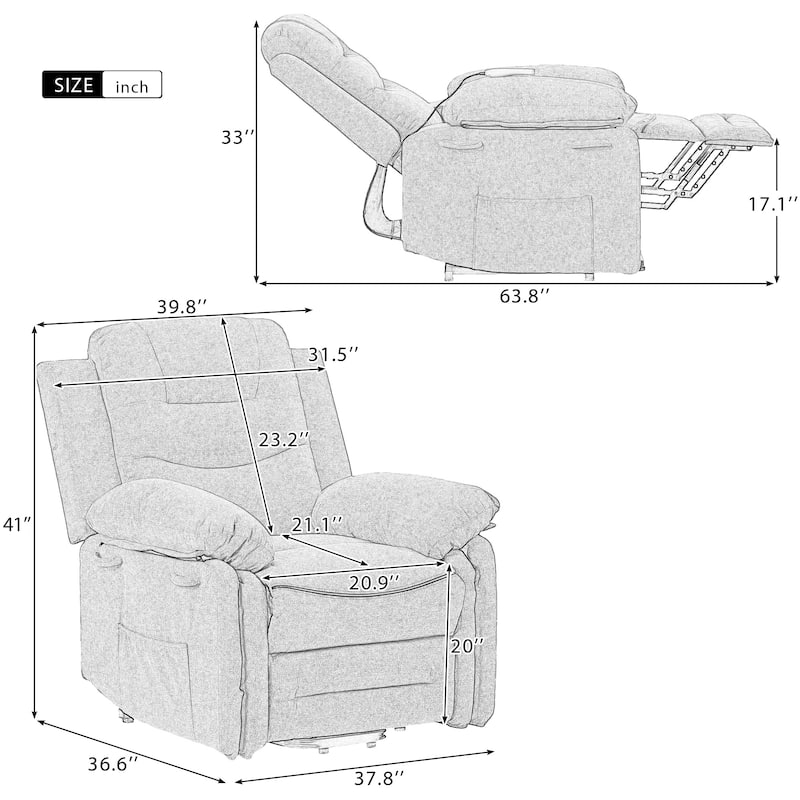 Standard Size Linen Power Lift Recliner Chair with Massage, Heating, and Side Storage Pocket