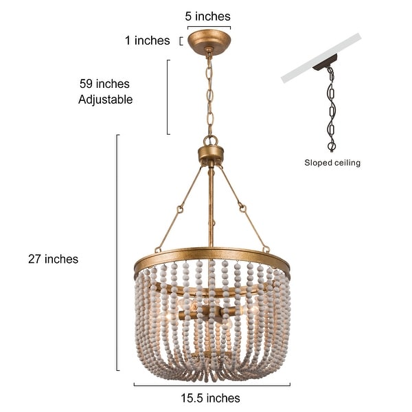 Empire Glam Gold 4-Light Wood Beaded Chandelier Boho Coastal Hanging Lights - D15.7" x H26.7"
